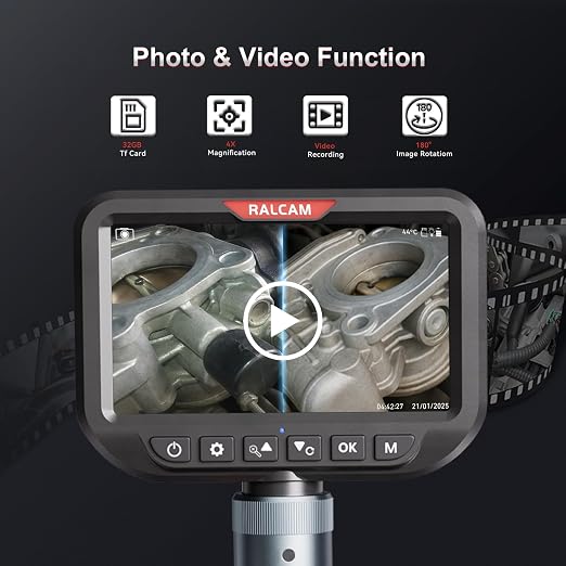 RALCAM Dual Lens Articulating Borescope, 10FT Semi-Rigid Inspection Camera with 5" HD Screen, 8.5mm Slim Waterproof Probe, Two-Way Endoscope Camera with Light for Automotive, HVAC, Pipes