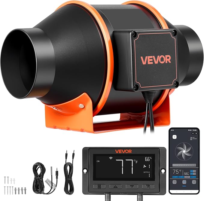 VEVOR Inline Duct Fan, 205 CFM 4 inch EC Motor Exhaust Ventilation Fan with 10-Speed, PWM Controller, App Control, Temperature Humidity Sensor, Cooling for Grow Tent, Indoor Gardening, Hydroponics