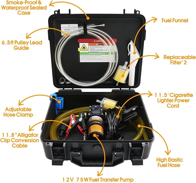 12V 75W Fuel Transfer Pump Set, gasoline transfer pump Moves Up to 110 Gallons Of Gas or Diesel Per Hour, with Patented Pulley Lead Pipe,for Vehicles, Boats, Equipment, UTV (110GPH, PRO SET)