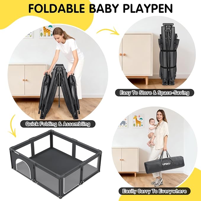Baby Playpen Foldable Playpen for Babies and Toddlers, Extra Large Playpens Portable Play Pen Travel Activity Center for Kids Indoor Outdoor Pack and Play Baby Shower Gifts, 71"X59" Dark Grey