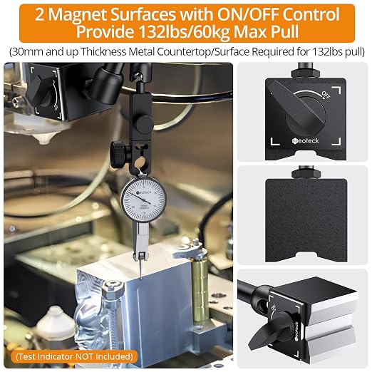 Neoteck 132lbs/60kg Max Pull Steel Magnetic Base for Digital Dial Indicator with 3/8 inch (9.52mm) Clamping Hole, Adjustable Test Indicator Holder Weighs 671g for Widely Used in Lathe - Black