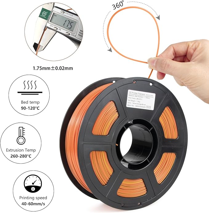 Colorful ASA Filament 1.75mm UV/Rain/Heat Resistant Durable 3D Printer Filament, No Warping, Non Odor & Fumes - Perfect for Outdoor Functional Mechanical Parts， 1kg Spool/Yellow+Orange+Brown