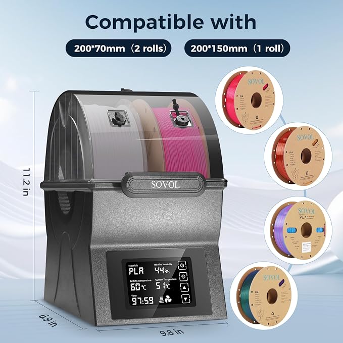 Sovol Filament Dryer, SH02 Dry Box Filament Sealed Storage Box 3D Printer Spool Holder with PTC Heater, Filament Dehydrator with Touch Screen, One Key Set, Compatible with PLA PETG TPU ABS 1.75/2.85mm