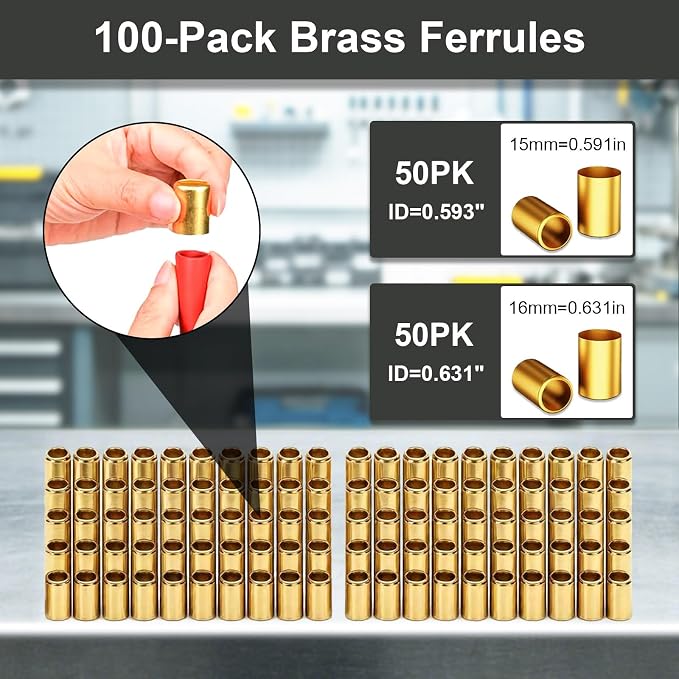 Heavy Duty Bench Hose Crimper Kit with 100 Brass Ferrules(50x 0.593" ID& 50x 0.625" ID), for 1/4", 5/16", 3/8" PVC Rubber Air Hoses, Portable Torch Hose Repair Crimping Tool