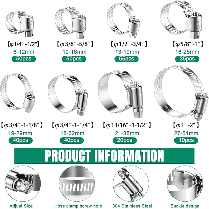 Shimeyao 300 Pcs Hose Clamp Assortment (1/4''- 2" (6-51 Mm) Stainless Steel Hose Clamps 304 Stainless Steel Worm Fuel Line Clip for Automotive Plumbing Intercooler Tube
