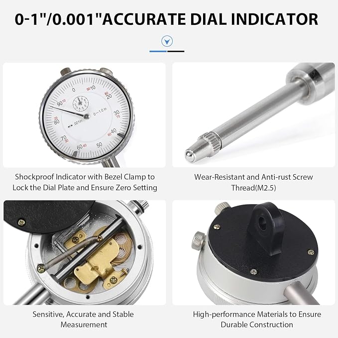 Disc Brake Rotor and Ball Joint Runout Gauge Set, Automobile Brake Disc Flatness Measuring Tool with 0–1" Range, 0.001" Resolution Indicator and 360 Deg Flexible Stem Holder