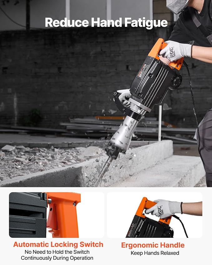 VEVOR Demolition Jack Hammer 2200W Electric Jackhammer Concrete Breaker | For Concrete Demolition, 1350 BPM, 360° Rotary Handle, Heavy Duty, Portable, with 4pcs Chisels Bit and Storage Case, Black