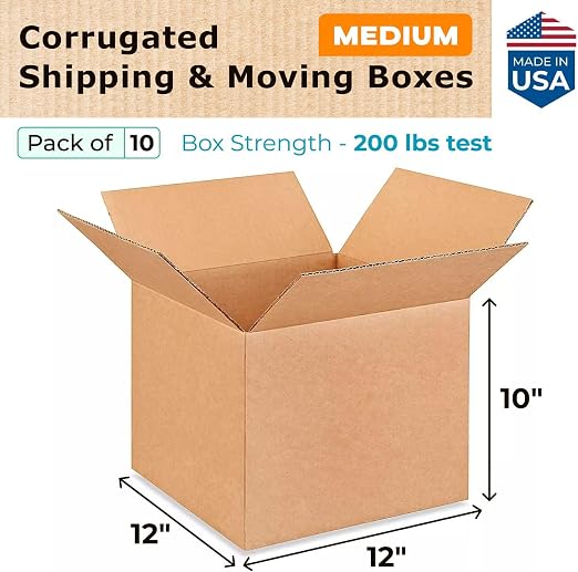 Medium Moving & Shipping Boxes 12x12x10 inches (10-Pack) - Extra Strength 200 lb vs Regular - USA-Made Corrugated Boxes for Packaging - Corrugated Packaging Box - Medium Cardboard Box by IDL Packaging