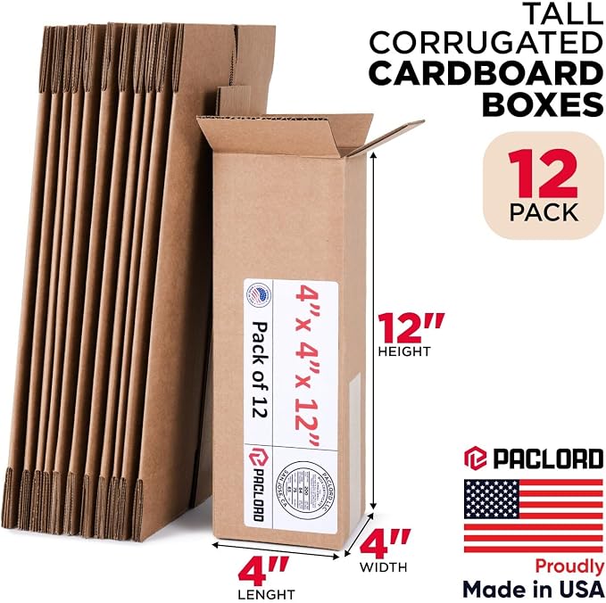 Tall Cardboard Boxes 4"L x 4"W x 12"H (Pack of 12) - USA-Made Packing Boxes for Moving, Shipping, or Storage - USPS, UPS, FedEx Approved - Professional Packing Supplies for Moving | USA-Made Packing Boxes for Moving, Shipping, or Storage - USPS, UPS, F...