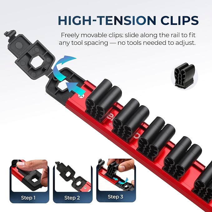Reniteco Magnetic Screwdriver Organizer and Magnetic Wrench Organizer, Aluminum Rail Tool Holder, 12 Removable Clips, Fits Screwdrivers, Wrenches & Hand Tools, Dual Mount, Tools Not Included