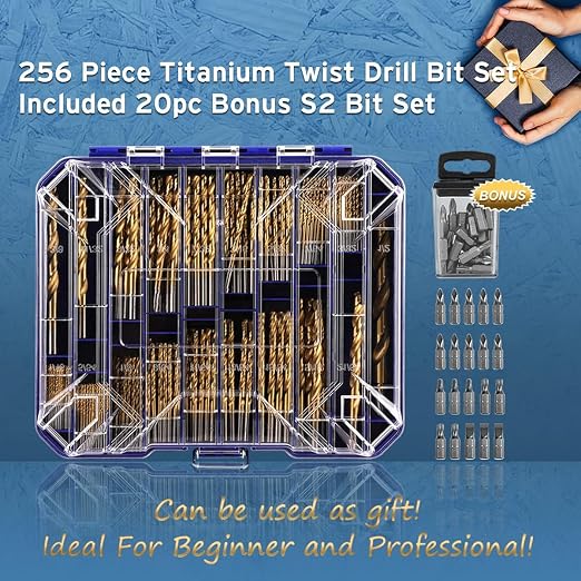 276pc Titanium Twist Drill Bit Set with S2 Bits 135° Tip High Speed Steel, Size from 1/16" up to 1/2", Ideal in Wood Cast Iron Aluminum Alloy Plastic Fiberglass, Clear Lid Case