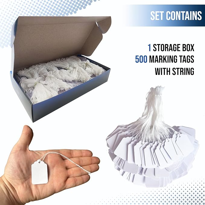 Easytwelve - 500 Pcs White Price Tags with String Attached, Hang Tags for Product, Labeling 1.75 x 1.093 inch