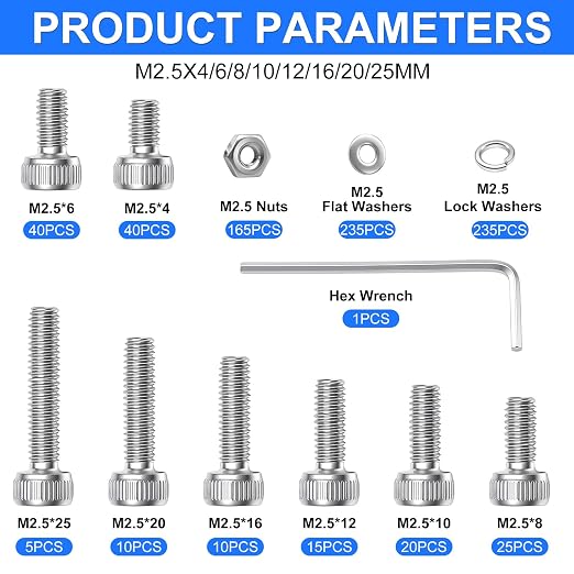801PCS M2.5 Screws Kit, M2.5x4/6/8/10/12/16/20/25mm Hex Socket Head Cap Screws Bolts Nuts Washers Kit, 304 Stainless Steel M2.5 Bolts Metric Screws for 3D Printing