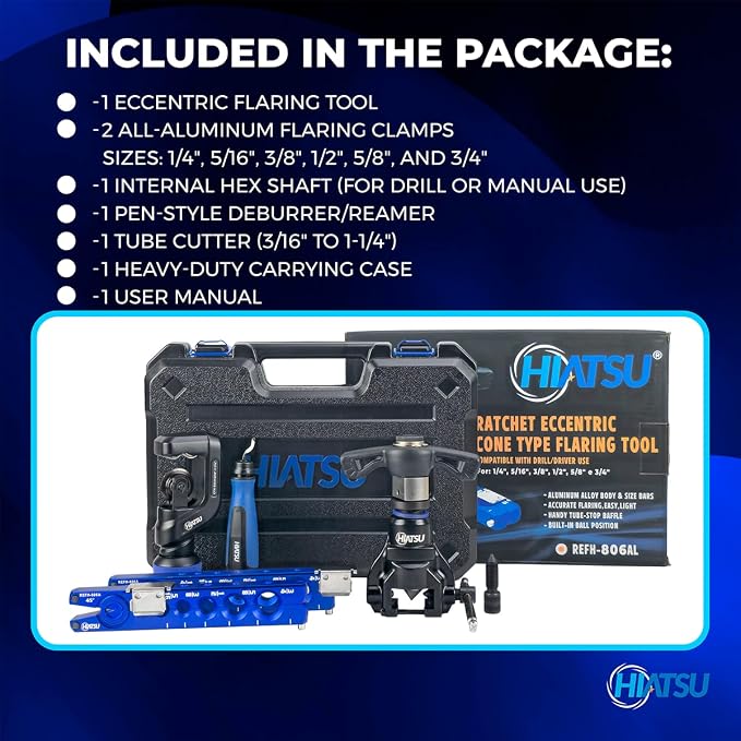 Hiatsu Eccentric Flaring Tool Kit with Ratchet, Drill Compatible, 1/4" to 3/4" Copper Tubing, Aluminum Construction