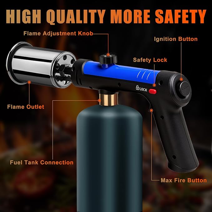 Torch Gun with One-Touch Max Fire, Flame Thrower with Safety Lock, Blow Torch Gun for BBQ, Grill, Charcoal Lighter, Cooking Flamethrower for Camping, Outdoors (Tank Not Included)