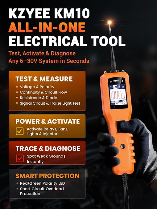 KZYEE KM10 Power Circuit Probe Tester with Live Waveform Display & Component Activation, 12V–24V Automotive Electrical Tester for Short Finding, Wire Tracing & Circuit Diagnostics, 40FT Reach