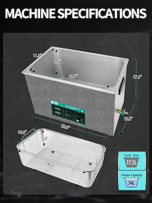 Ultrasonic Cleaner 37.5L, with Adjustable Power Sweep & Degas, 800W Ultrasonic Parts Cleaner for Cleaning Pistols, Metal Engine Parts, Carburetor, Gun Parts, Oil Filter, Bike Chain, Gear