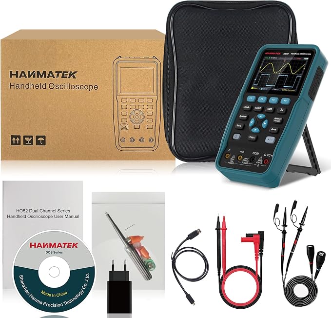 HANMATEK Handheld Digital Oscilloscope 50Mhz Bandwidth with 2 Channels HO52 3.5" TFT Mini Oscilloscope, 2 in 1 Oscilloscope and Multimeter, Backlit Screen, Auto-Calibration Function, Memory Function