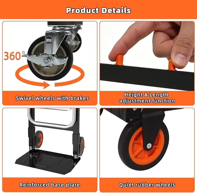 3 in 1 Hand Truck, 600Lbs Capacity, Heavy Duty Collapsible Cart with Retractable Handle, Dolly Cart with 2 Universal Wheel with Brake for Moving Home, Office, School, Shopping, Warehouse, Orange