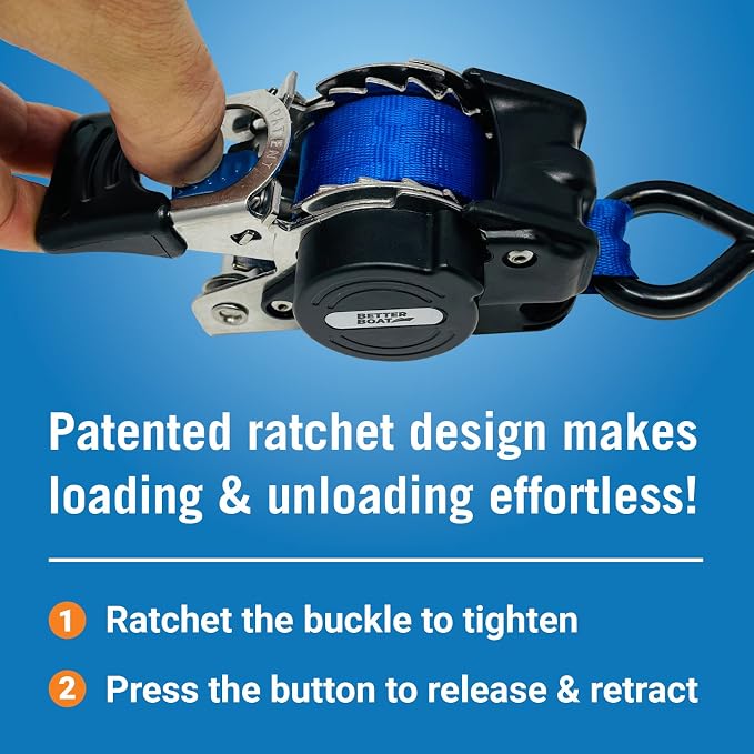Stainless Steel Retractable Ratchet Straps, Heavy Duty Set, 1 Inch x 72 Inch, 2 Transom Tie-Downs with Mounting Brackets and Bolts, Auto Self-Retracting Buckle for Boat Trailer and Cargo