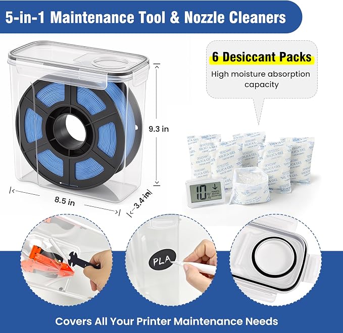 6 Pack 4L Filament Storage Box Hygrometer Airtight Dry Box for 3D Printer Filament Sealing, Complete Kit: 11 Pcs Spatula/Blades, 2 MK8 Nozzles, Wrench, Pen, Stickers & Reusable Desiccant