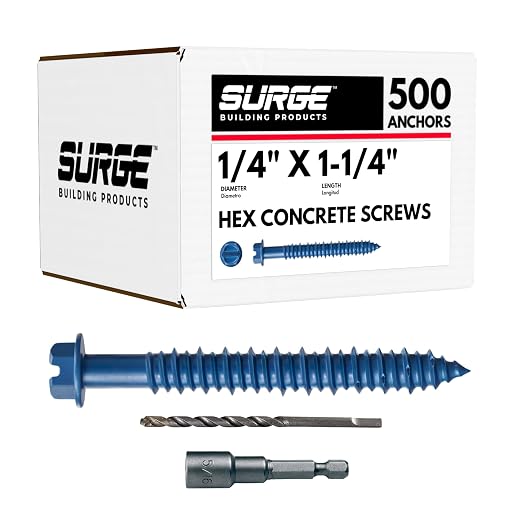 1/4" x 1-1/4" Hex Head Blue Concrete Screw Anchor with Drill Bit & Driver (Box of 500) | Masonry Screws for Concrete, Block, and Brick