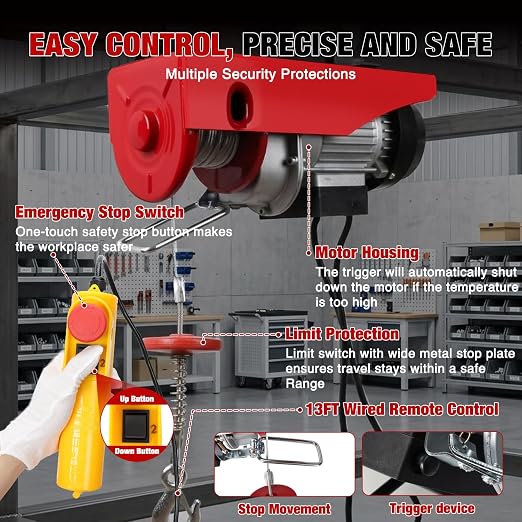 Nilight Electric Hoist 110V Electric Winch with Wired Remote, 440LBS Hoist Lift Single/Double Slings 39FT Lifting Height Material Handling Tool w Emergency Stop for Garage Warehouses Factories Attic