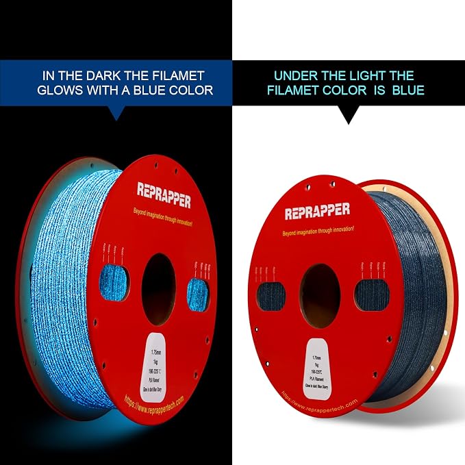 RepRapper Glitter Glow in The Dark Blue 3D Printer Filament, Shiny Galaxy 1KG PLA Filament (2.2lbs) 1.75mm, Sparkle Laser Series 3D Printing Filament for 3D Printer