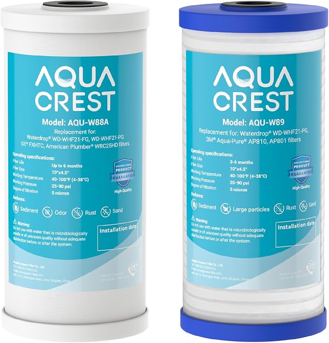 AQUA CREST WF10PG Whole House Water Filter, Compatible with WHF21-PG, GE® FXHTC, GXWH40L, 3M® Aqua-Pure AP810, Culligan® RFC-BBSA, Any 10" x 4.5" System, Reduces Sediment, Chlorine, Taste, Odor