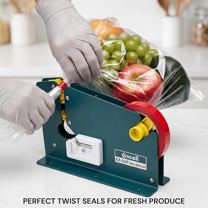 ICO by Excell ET-605K EZ-Cut Tape Bag Sealer - Heavy Duty Metal Bag Neck Sealer with Integrated Trimmer & Stabilizer - Fits 1/2" (12mm) Tape on 3" Core - for Bakeries, Produce, Hardware & Meat Bags