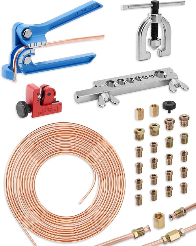 25 ft 3/16in Copper Coated Brake Line Flaring Tool Kit, Includes 3-in-1 Tube Bender, Double & Single Flaring Tool Set, 1 Tube Cutter, 2 Threads Unions, 20 Fittings