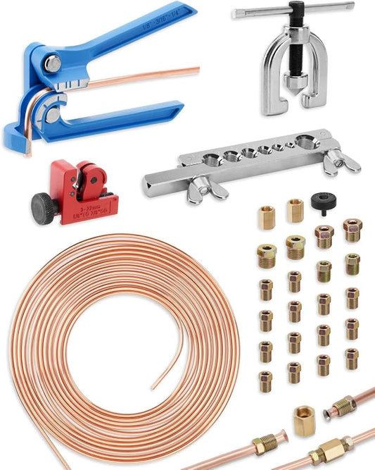 25 ft 3/16in Copper Coated Brake Line Flaring Tool Kit, Includes 3-in-1 Tube Bender, Double & Single Flaring Tool Set, 1 Tube Cutter, 2 Threads Unions, 20 Fittings