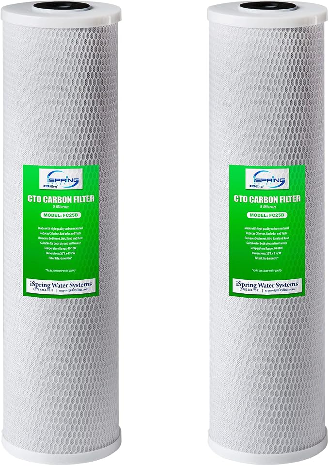 iSpring FC25BX2 20"x 4.5" Carbon Block Whole House Water Filter Replacement Cartridges, Reduces Up to 99% Chlorine, Taste, and Odor, 5-Micron, Pack of 2