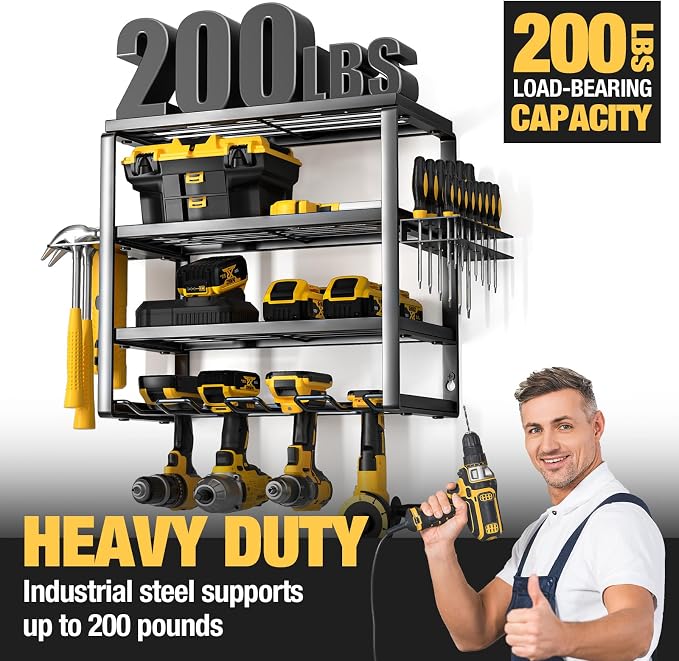 YYR 4 Layer Power Tool Organizer 16 Inch 4 Slots & Heavy Duty 4-Level Lumber Storage Rack Wall Mount