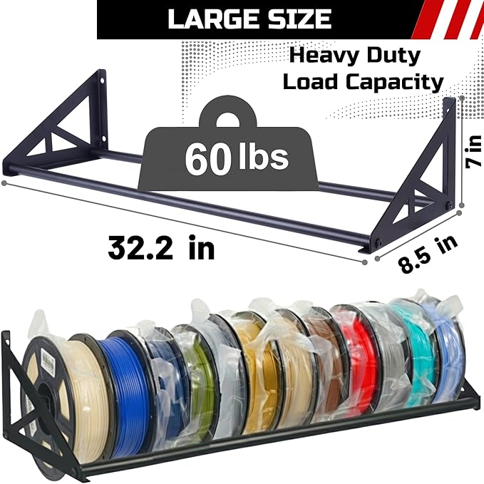 2 Pcs [LARGE] 3D Printer Filament Storage Rack, Filament Rack Wall Mount, 3D Filament Storage Shelf, Filament Spool Holder for 3D Printer Rolls, Heavy Duty Metal Organizer for Printing Studio