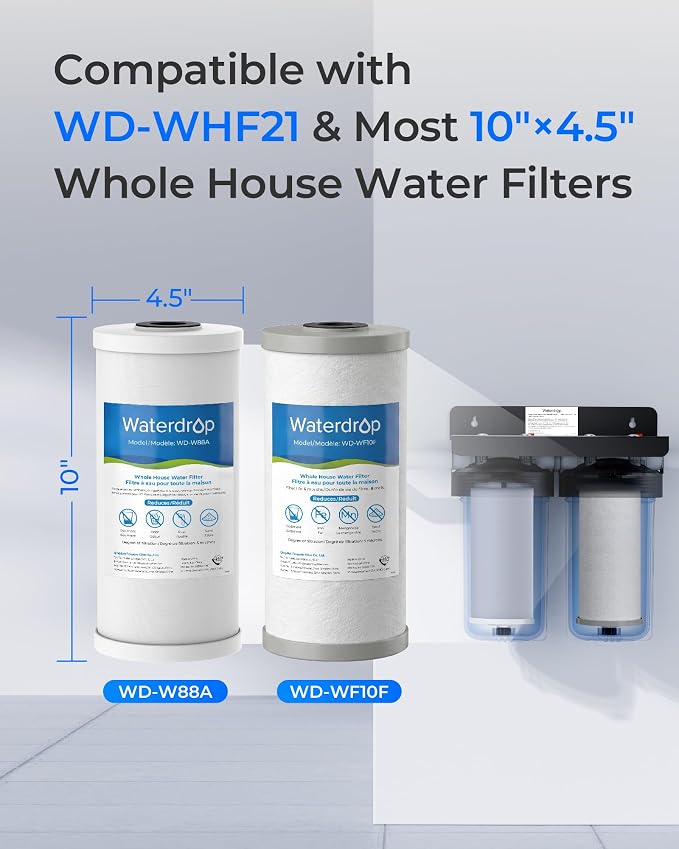 Waterdrop WF10FG Whole House Water Filter, Compatible with WHF21-FG, GE GXWH40L, FXHTC, Ispring, Culligan® RFC-BBSA, Whirlpool®, Any 10" x 4.5" System, Reduces Iron, Manganese, Chlorine, Odor