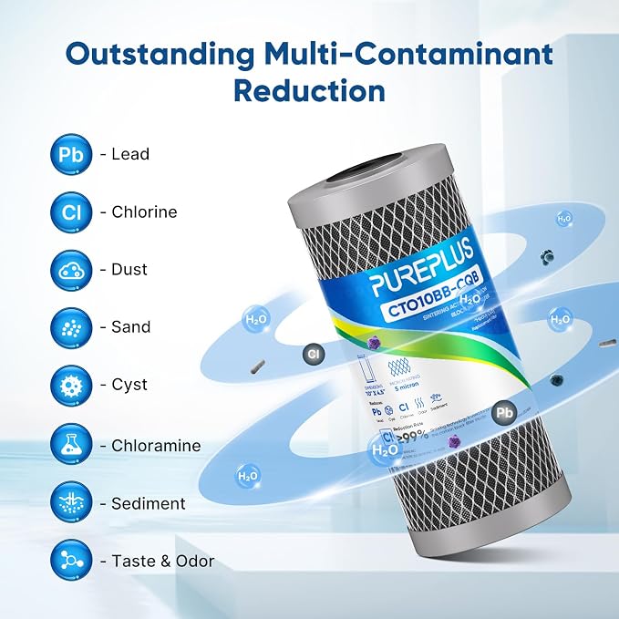 PUREPLUS 10" x 4.5" Whole House Carbon Water Filter Combo Pack, CTO10BB + CTO10BB-KDF + CTO10BB-CQB, 5 Micron, Lead & Heavy Metal Reduction, Fits GE GXWH40L, DuPont WFHDC8001, 3-Pack