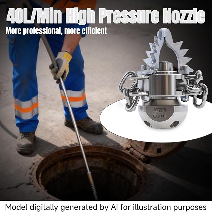 3/8 NPT Sewer Jetter Rotating Nozzle Root, 40L/Min, 360° High Pressure Cleaning Tool (with Detachable Chain), Suitable for Home Drains, Commercial Pipes, Industrial Pipes