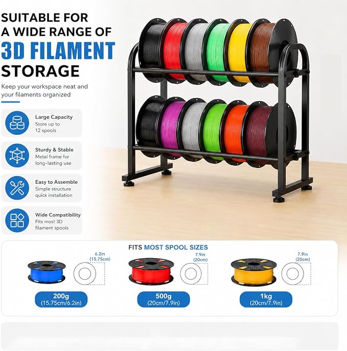 3D Printer Filament Storage Rack, 2-Tier Metal Filament Rack Holds 12 Rolls of 1KG, Heavy Duty Space Saving Filament Rack for Workshop Garage Home Studio