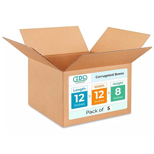 Medium Moving & Shipping Boxes 12 x 12 x 8 inches (5-Pack) - Extra Strength 200 lb vs Regular - USA-Made Corrugated Cardboard Boxes for USPS/UPS/FEDEX - Box for Shipping by IDL Packaging