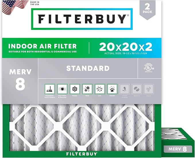 Filterbuy 20x20x2 Air Filter MERV 8 Essential Dust & Allergy Defense (2-Pack), Electrostatic Pleated HVAC AC Furnace Filters Replacement, Made in USA (Actual Size: 19.50 x 19.50 x 1.75)