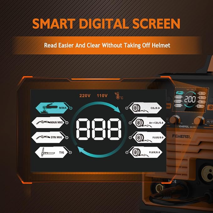 FEMEROL 200A MIG Welder,4 in 1 Gas MIG/Gasless Flux Core/Stick/Lift TIG Multi-process Welding Machine Large LED Display 110V/220V Multi Welder