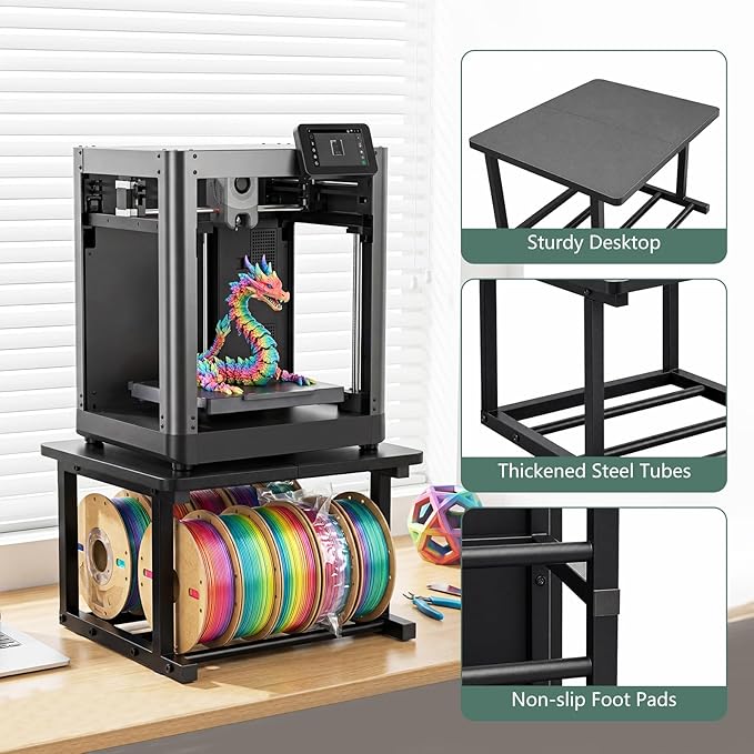 3D Printer Stand for Desk 3D Printer Table with Filament Storage 2 Tiers 3D Printer Filament Storage Rack Desktop Heavy Duty Sturdy Anti-Vibration Holds 10 Spools for Home Office Workshop