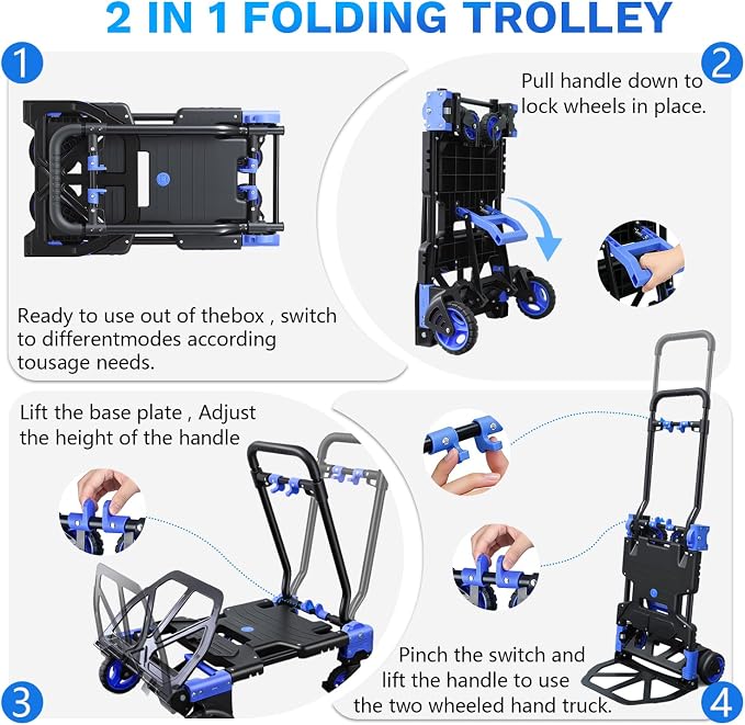 2 in 1 Folding Hand Truck with 2 Folding Basket,330lbs Capacity Heavy Duty Hand Truck,with Telescoping Handle and Rubber Wheels,Portable Dolly Cart with Bungee Cords for Moving,Travel,Shopping