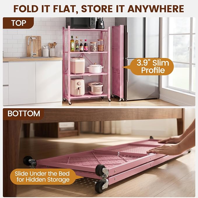 ALANNG 4 Tier Folding Storage Shelf on Wheels,Heavy Duty Metal Rolling Cart | 264 lbs Capacity, No Tools Assembly, Folds to 3.9", Lockable Casters, Portable for Kitchen Laundry Garage