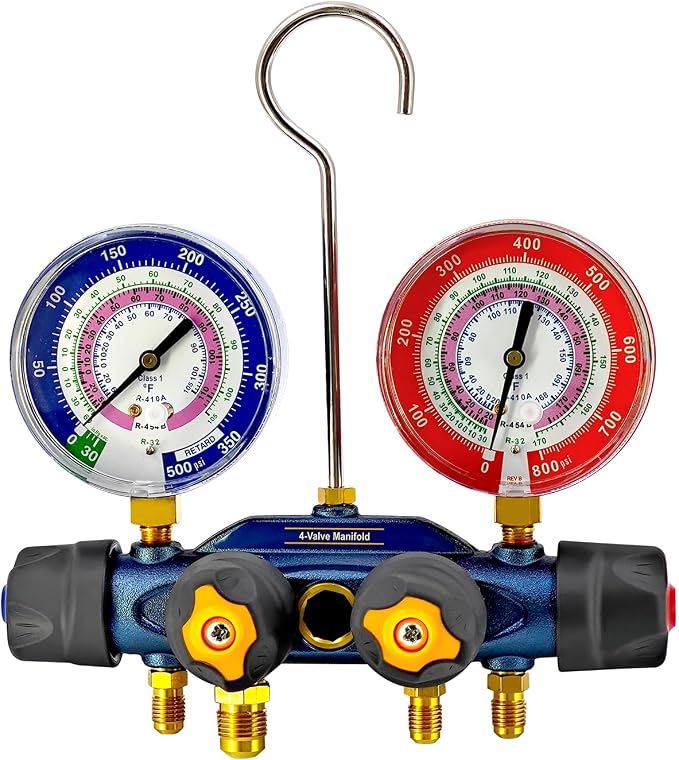 49974 A2L 4-Valve Test and Charging Manifold with 3-1/8" (80 mm) Gauges HVAC Manifold for R-454B R-32 R-410A A/C Manifold Gauge (No Hoses)