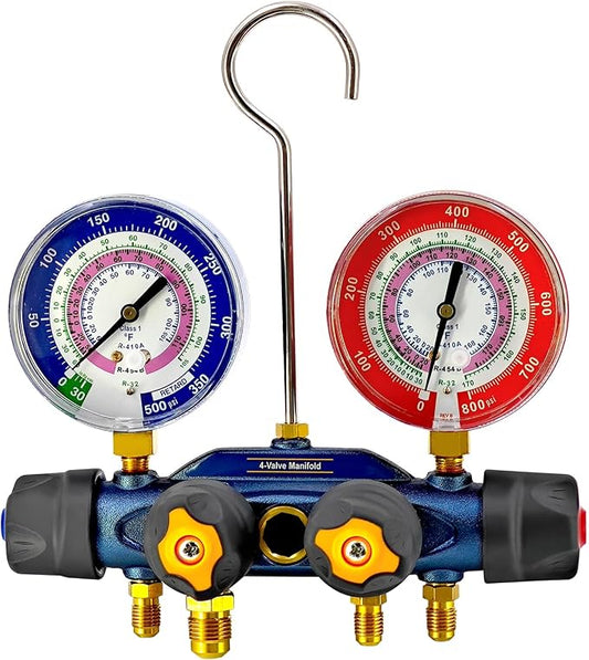 49974 A2L 4-Valve Test and Charging Manifold with 3-1/8" (80 mm) Gauges HVAC Manifold for R-454B R-32 R-410A A/C Manifold Gauge (No Hoses)