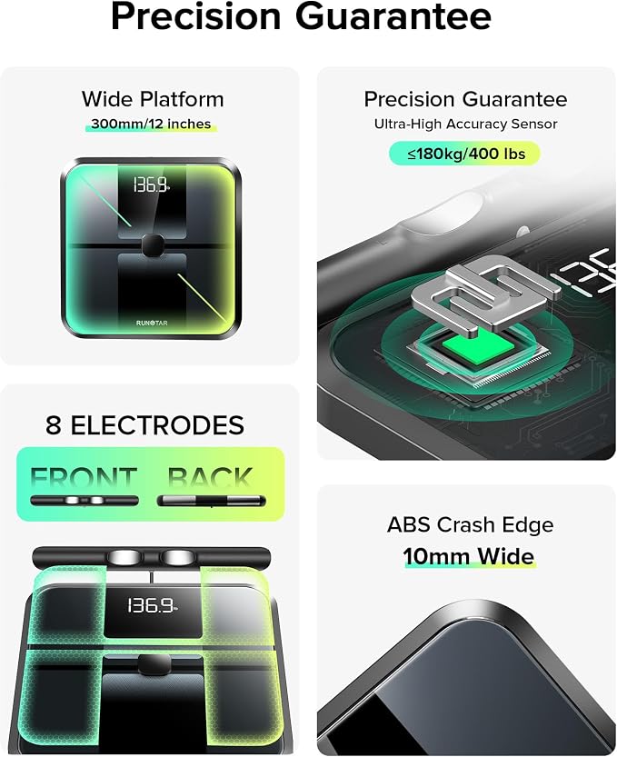 RunStar Smart Scale for Body Weight, Full-Body Bathroom Scale with 8 Electrodes for BMI, Muscle Mass, 3-Metric Display, High-Accuracy Body Composition Monitor with 28 Metrics & App Connectivity Black