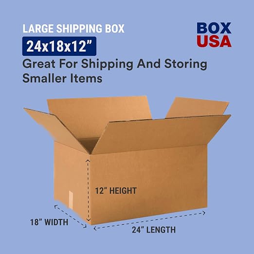 Box USA Shipping Boxes 24"L x 18"W x 12"H 10-Pack Large Double Walled Corrugated Boxes for Shipping, Packaging, Moving, Storage Box for Home or Business, Strong Wholesale Bulk Boxes