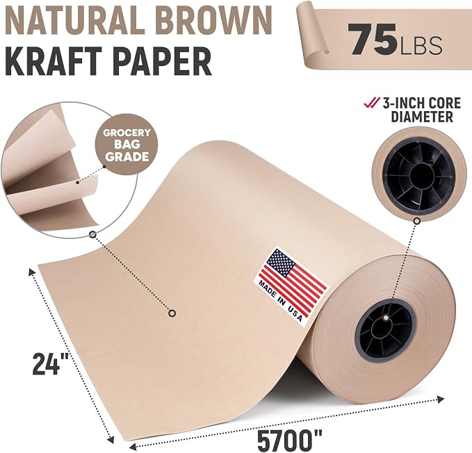 24" Paper Dispenser with Cutter + 75 lb Natural Brown Kraft Paper Roll | Heavy-Duty Steel Holder and 24" x 475 ft USA-Made Grocery Bag Grade Kraft Paper for Packaging, Void Fill, Shipping & Moving